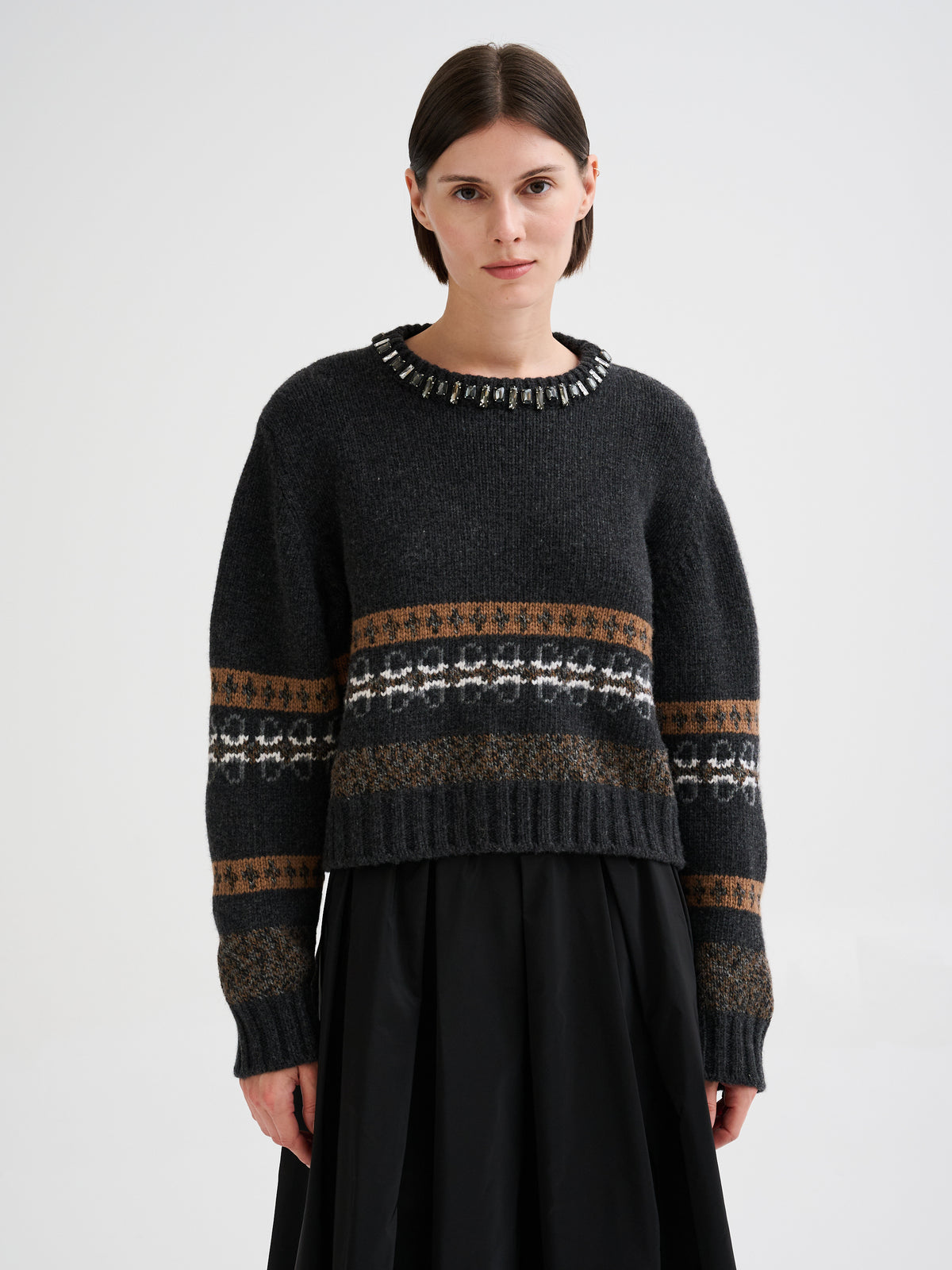Boxy jacquard sweater with stone embellishments