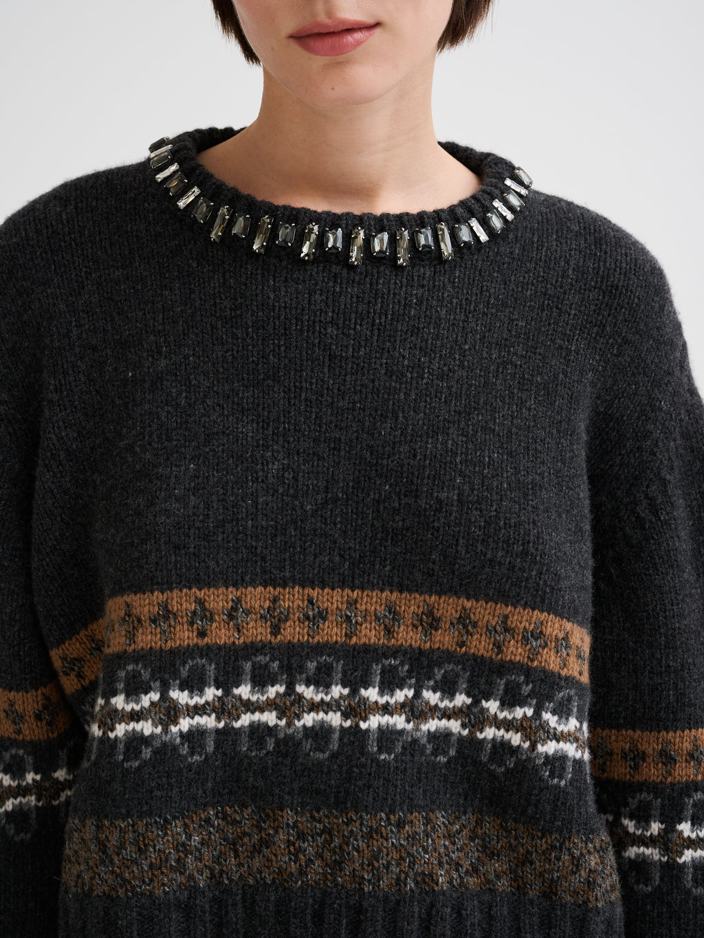 Boxy jacquard sweater with stone embellishments