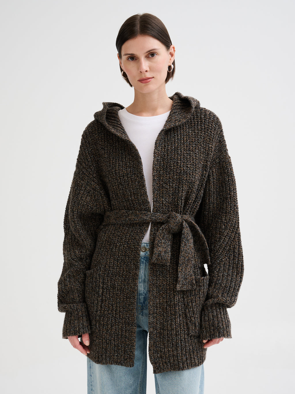 Cardigan mouliné con cappuccio e cintura