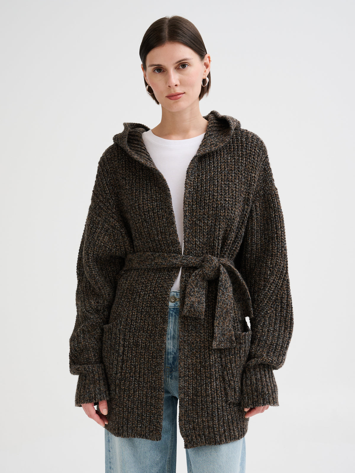 Cardigan mouliné con cappuccio e cintura