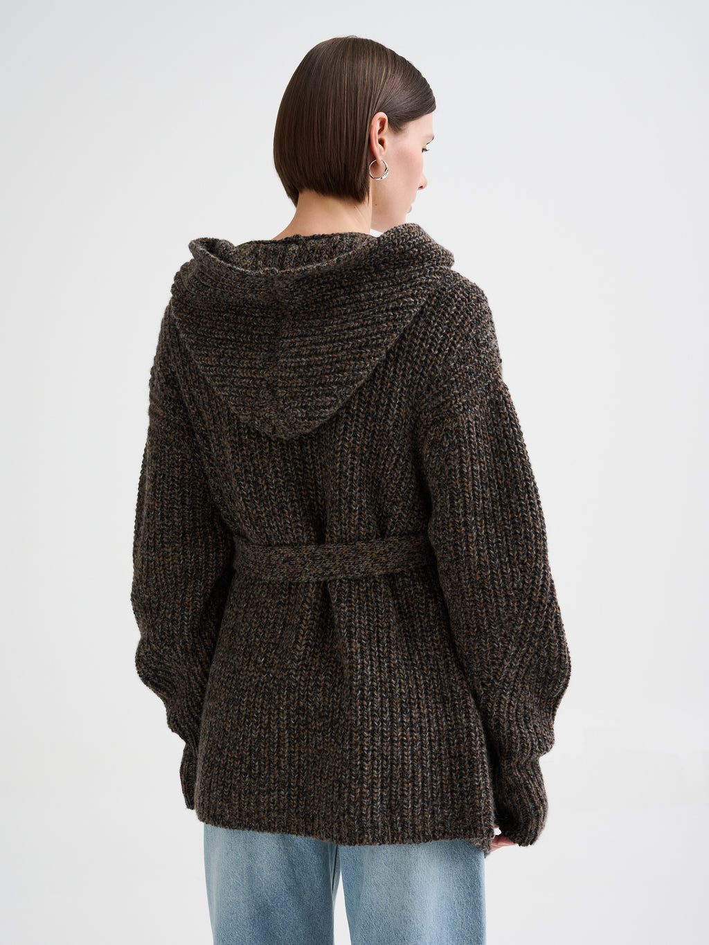 Cardigan mouliné con cappuccio e cintura