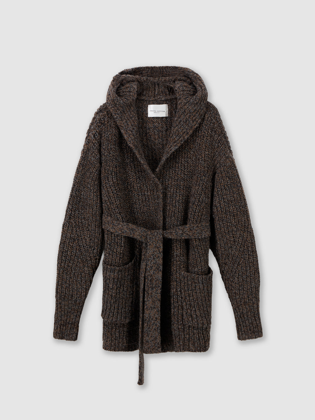Cardigan mouliné con cappuccio e cintura