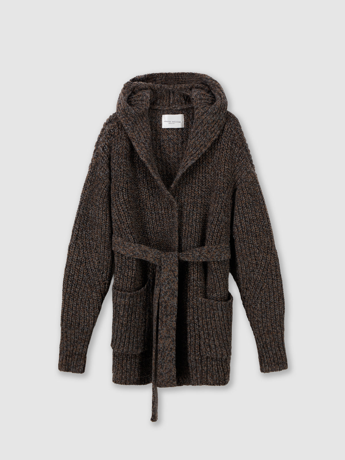 Cardigan mouliné con cappuccio e cintura
